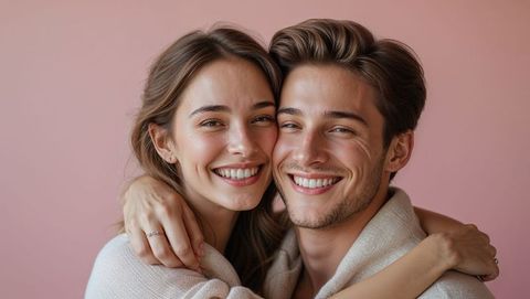 Smiling cute couple embracing in matching beige sweaters