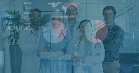 Happy Medical Staff with Financial Data Overlay