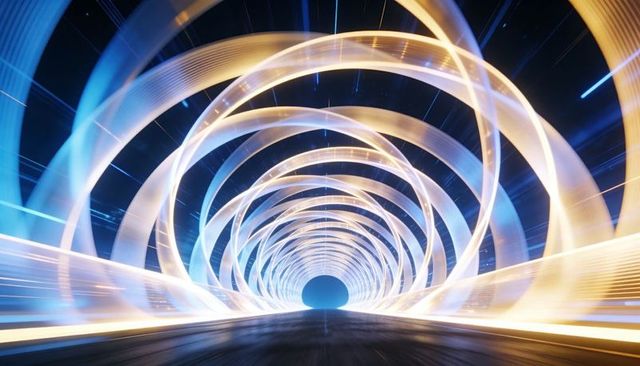Glowing neon spiral tunnel forming concentric rings over reflective transit corridor