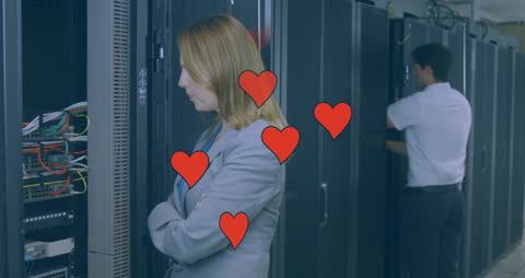 Data Center Professionals Amidst Digital Heart Motifs