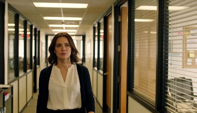 Professional woman walking through modern office corridor with glass partitions, business attire