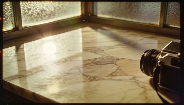 Sunlit marble counter with gray-gold veining and vintage slr camera casting warm shadows