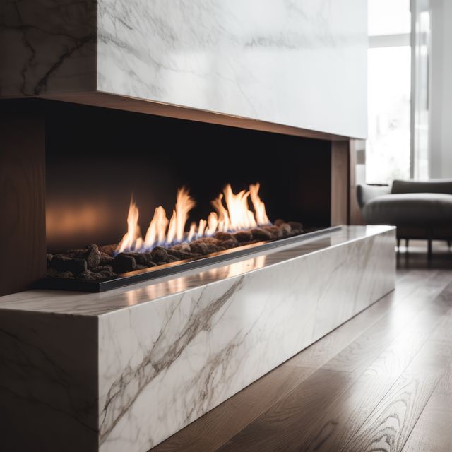 Modern marble fireplace with a warm fire, complemented by a sleek hardwood floor and minimalistic home decor. Ideal for use in interior design portfolios, luxury home magazines, or websites focused on home decor inspiration.