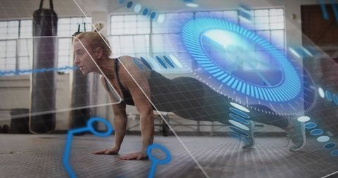 Athletic Woman Engaging in Push-Up with Futuristic Interface