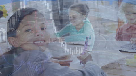 Young Students with Superimposed Financial Data