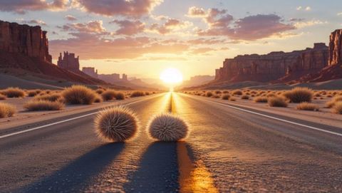 Abstract highway in desert canyon with mesas and tumbleweed at sunrise