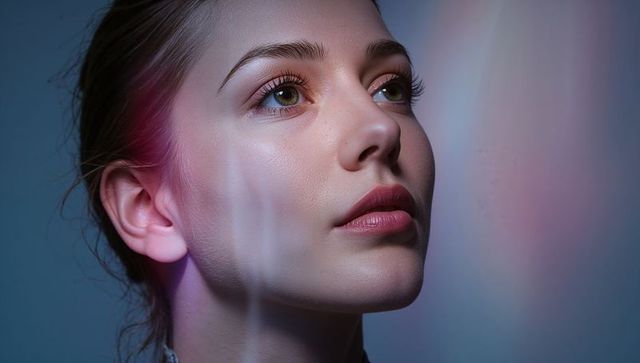 Contemplative young woman looking up with color gel lighting, freckles and dewy skin