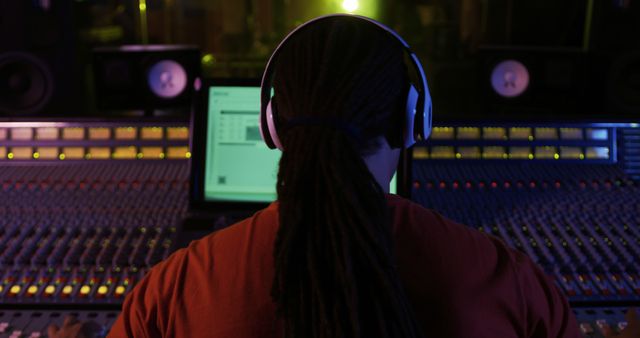 Person wearing headphones working at professional audio mixing console in recording studio. Ideal for illustrating music production process, behind-the-scenes of music industry, sound engineering, technology in music, and professional studio environment.