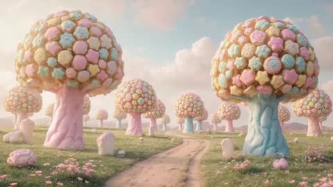 Pastel Candy-Top Trees Rising Along Winding Meadow Pathway in Dreamlike Surreal Video