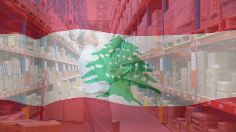 Warehouse Worker Checking Packages with Lebanese Flag Overlay