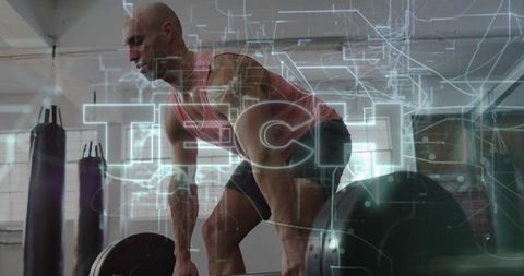 Muscular Man Lifting Barbell with Futuristic Overlay in Gym