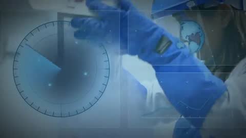 Scientist Conducting Experiment with Digital Interface Overlay