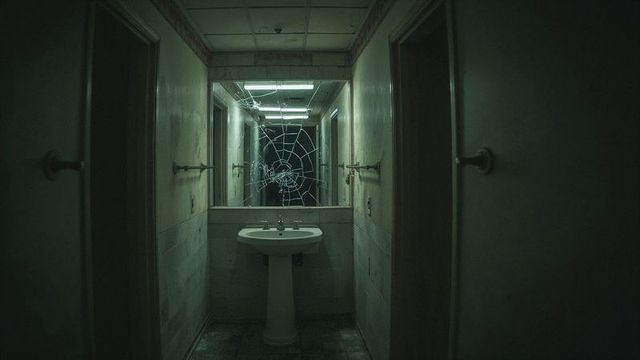 Creepy Bathroom with Spiderweb Crack in Mirror Lighting Eerie Atmosphere