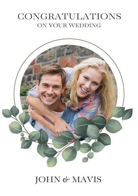 Happy caucasian couple smiling at each other under wedding congratulations greeting. Floral border and clean white background add elegance. Ideal for wedding cards, announcements, and congratulatory messages.