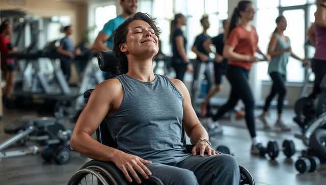 Hispanic woman in wheelchair enjoying workout at inclusive gym, adaptive fitness, wellness