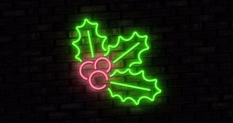 Neon Holly Decoration on Black Brick Wall - Download Free Stock Images Pikwizard.com