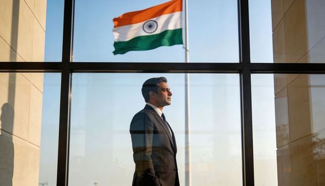 Corporate executive standing in glass atrium gazing toward indian flag reflection