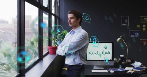 Businessman Contemplating Ecology and Technology in Modern Office
