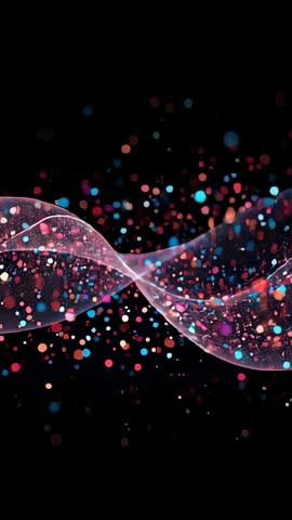 Undulating Mesh Ribbon Guiding Vibrant Particles Through Dark Abstract Space Vertical Video