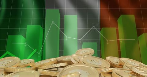 Golden cryptocurrency coins on reflective surface with green 3d market bars and trend line