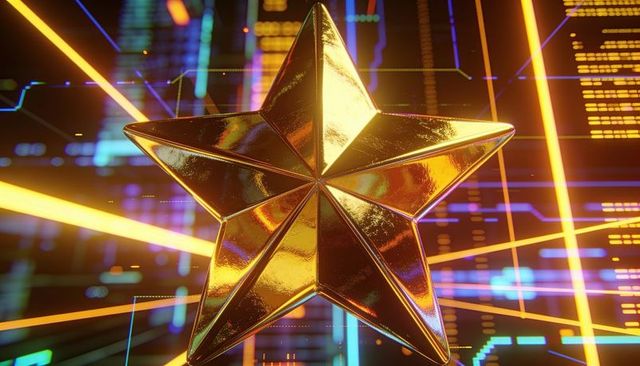 Gleaming gold star emblem reflecting neon data grid with futuristic circuit lines