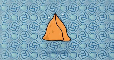 Golden triangular pastry on blue geometric pattern minimal modern food graphic