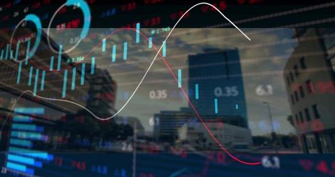 City fintech overlay showing candlestick charts, trend lines and market data visuals