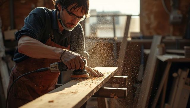 Skilled woodworker sanding long plank with orbital sander in sunlit workshop