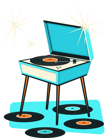 Retro Turntable Spinning Records on Transparent Background