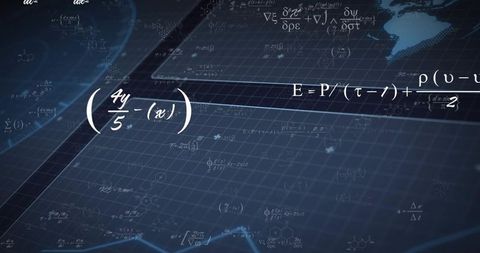 Futuristic math equations over blue digital grid with molecular formulas and data lines