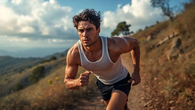 Focused male runner powering uphill on sunlit mountain trail for endurance and fitness