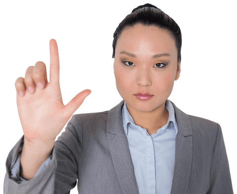 Transparent Businesswoman Pointing with Confident Gesture
