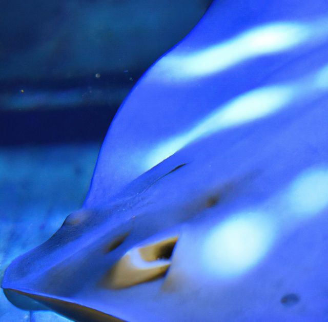 Close-up image of a manta ray swimming calmly underwater. The scene has a calming blue hue typical of oceanic settings. Ideal for articles or content about marine life, underwater photography, ocean conservation, or aquatic species.