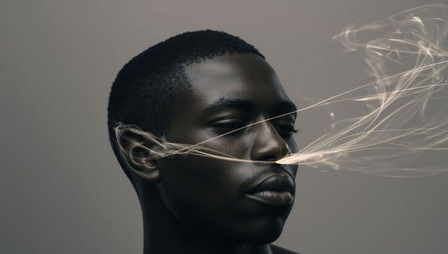 Stoic male portrait with ethereal smoke ribbons flowing across face, minimalist editorial