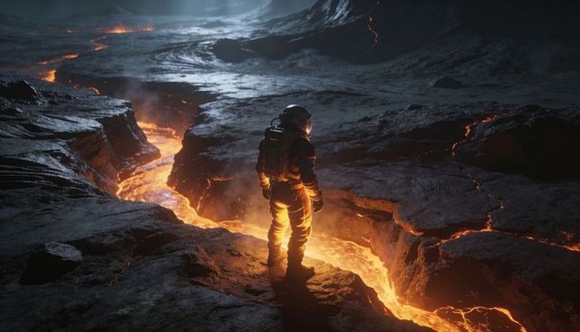 Astronaut standing on lava ledge scanning molten fissures on alien volcanic plain
