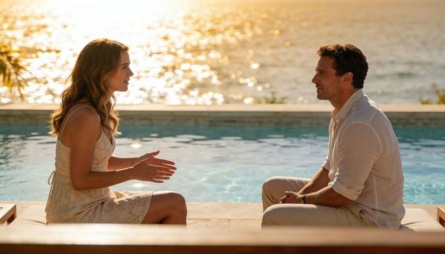 Couple talking by infinity pool at oceanfront sunset wearing linen shirt and lace dress