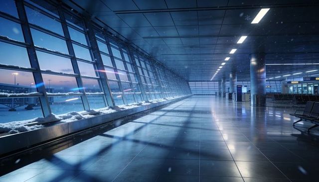 Empty snow-lined airport concourse at twilight with reflective floors and panoramic windows