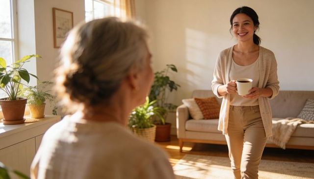 Younger woman carrying coffee cup to older woman in sunlit cozy living room, family care