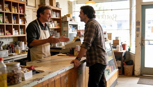 Shop owner gesturing while talking with customer at rustic wooden deli counter