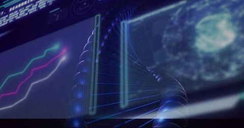 Holographic dna helix rotating with live data feed for futuristic genetic analysis dashboard