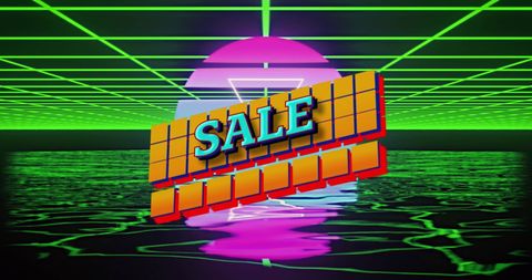 Retro Futuristic Sale Scene with Neon Grid and Water Reflection