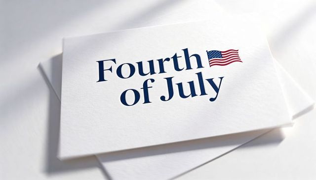 Elegant Navy Fourth of July Card on Textured White Stationery with Small Waving American Flag