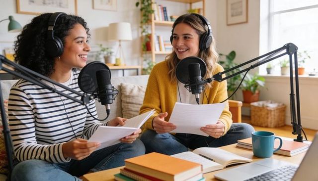 Two hosts recording podcast in home living room studio, smiling and holding scripts