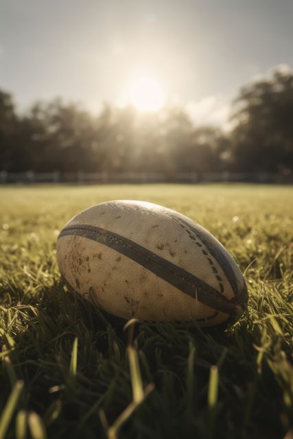 Close-up view of a rugby ball resting on a grassy field during sunset. Captures the essence of outdoor recreation and sports. This image is ideal for use in marketing materials for sports events, outdoor activities, athletic programs, or leisure time promotions. The setting sun adds a warm and inviting atmosphere.
