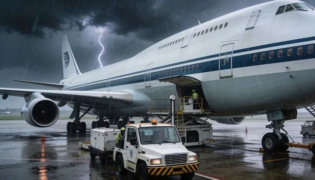 Cargo crew loading widebody airliner during thunderstorm with lightning on wet tarmac