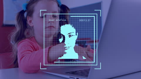 Facial Recognition Technology with Young Student on Laptop