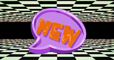 Floating purple speech bubble displaying bold orange new text in surreal checkered grid room