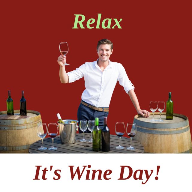 Image of a happy Caucasian man toasting with a glass of wine. Great for promotions related to wine events, wine-tasting parties, relaxation, or celebratory occasions. Perfect for social media posts, advertisements, or invitations for wine-related gatherings.