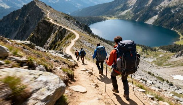 Hikers descending alpine ridge toward scenic mountain lake with backpacks and trekking poles