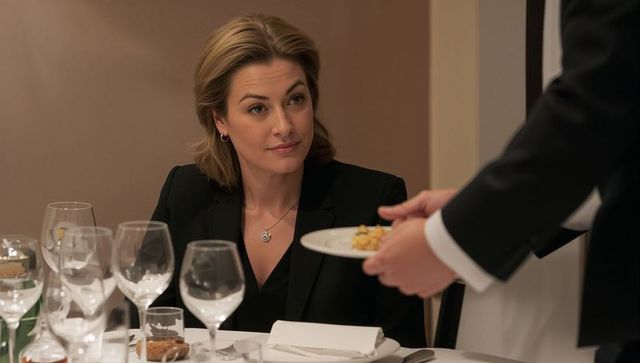 Businesswoman dining in formal restaurant watching waiter serving elegant appetizer